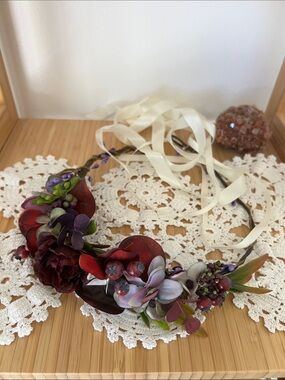 Handmade Burgundy & Lavender flower brown with Cream Ribbon